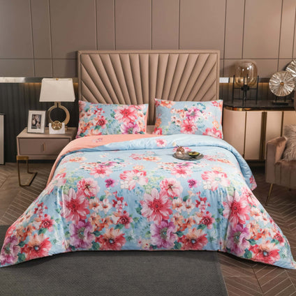 Aulaire 100s 3-piece Duvet Cover and Pillowcase Set. Deluxe Printed Cotton. Sky blue fabric with pink flowers.